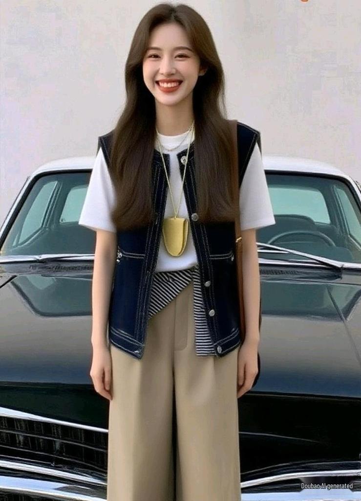 Navy Blue Contrast Stitching Loose Casual Vest