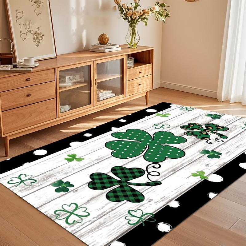 Playful Shamrock Pattern Area Rug Clover with Leopard Plaid Accents White Wood Background Floor Mat for Entryway Home Decor