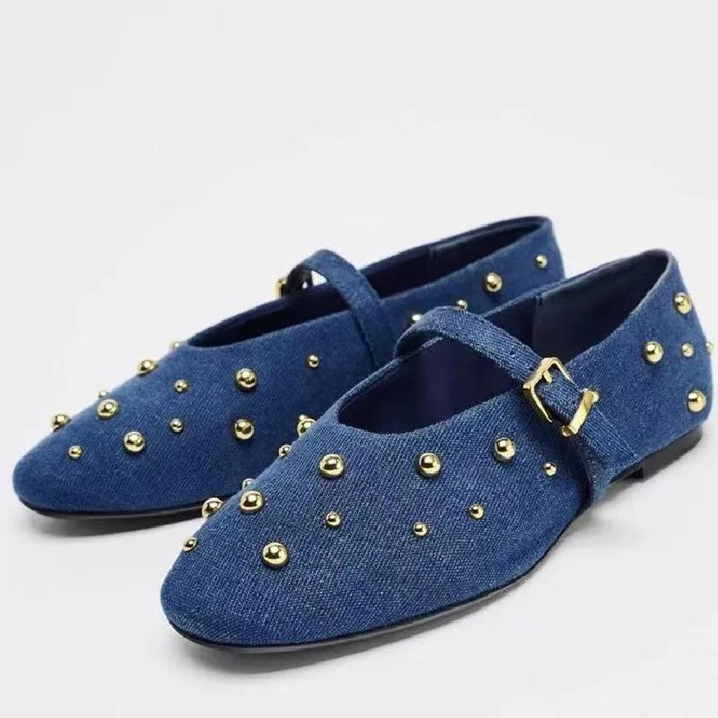 Fashion Fashion Round Toe Metal Rivets Ballet Flats Women Comfortable Shallow Buckle Mary Jane Shoes High Quality Blue Denim Flat Shoes