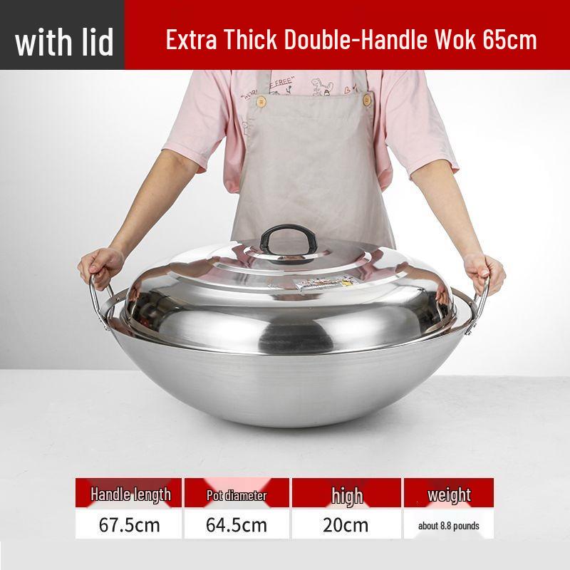 Extra Thick Stainless Steel Double Ear Wok - Large Round Bottom Pot for Commercial Kitchens, Gas Stove Compatible
