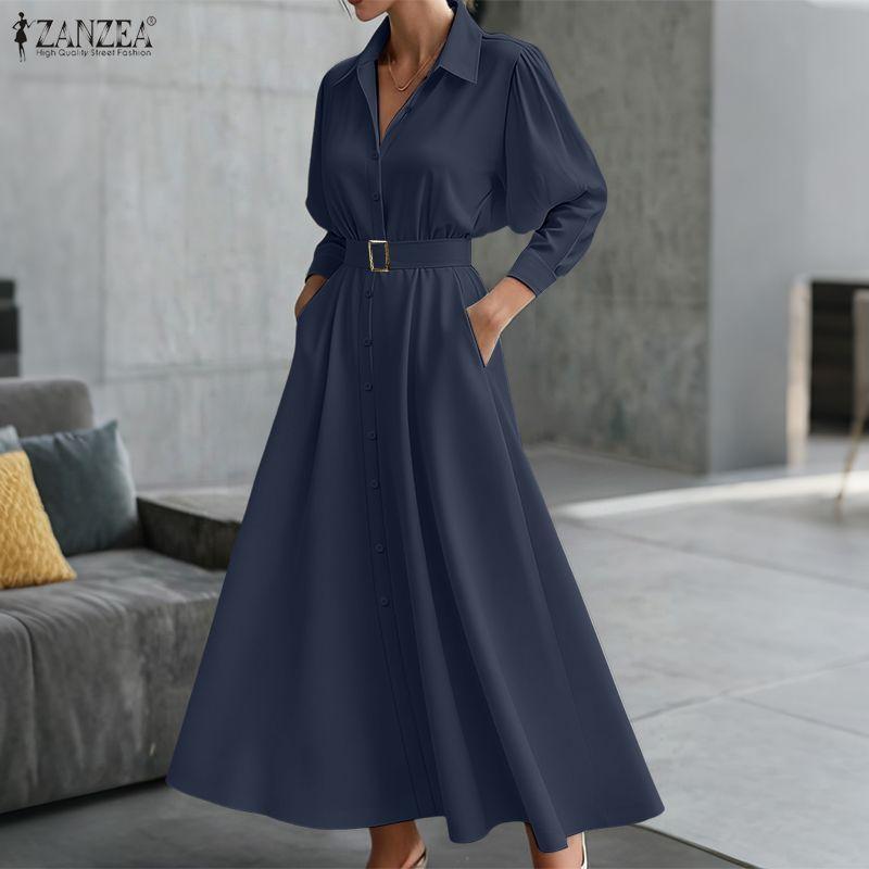 ZANZEA Γυναικείο Casual Φόρεμα Μακρύ Μανίκι με Χαλαρή Γραμμή και Γιακά που Γυρίζει προς τα Κάτω