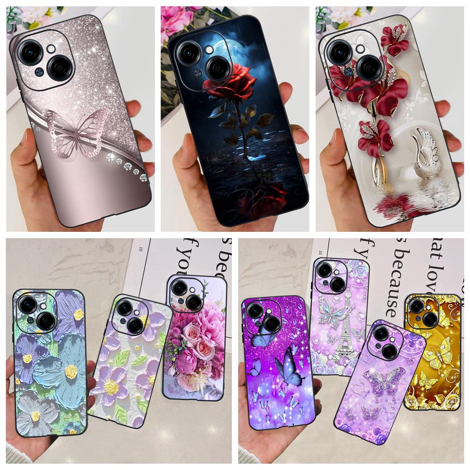 Flower Butterfly Women Fashion Back Cover For Tecno Spark GO 1 Spark GO 2025 Phone Funda Black Matte Soft TPU Silicone