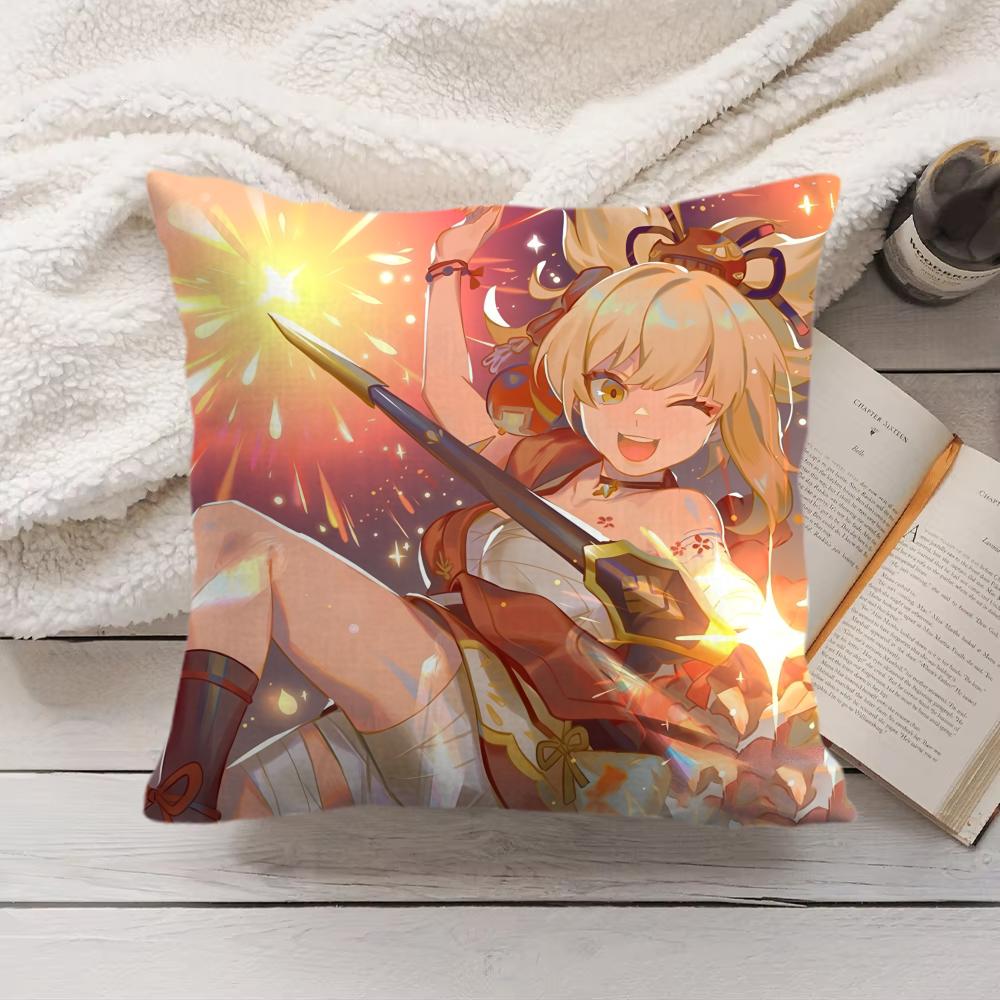 Yoimiya Genshin Impact Cute Cushion Cover Silky Short Plush Invisible Zipper Dustproof Sofa Pillow Case For Home Decor