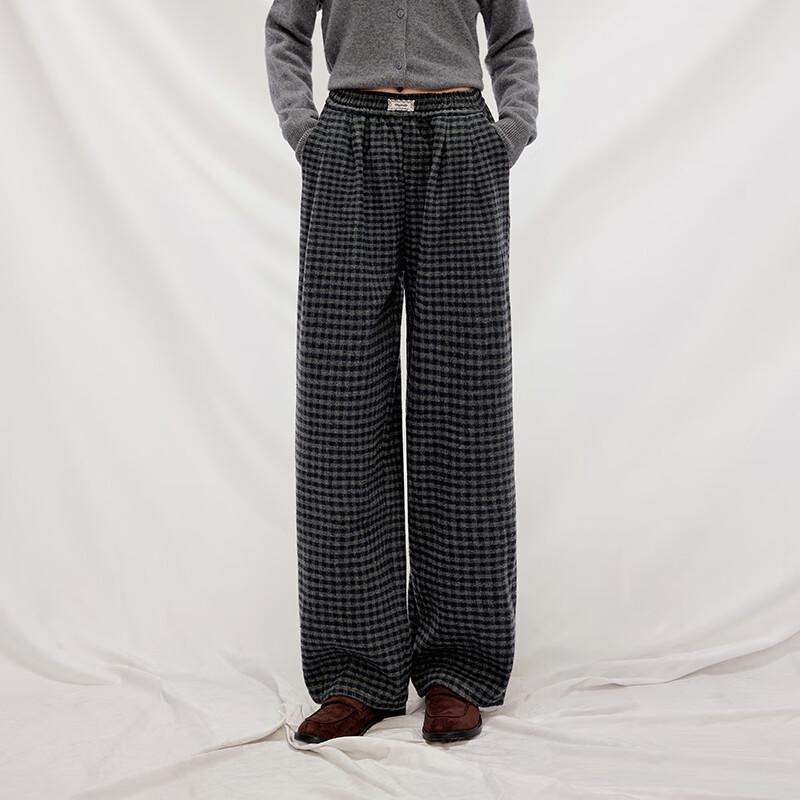 UNIFREE Retro Plaid Fleece-Lined Wide-Leg Casual Pants