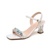 Fashion Beige Water Diamond Sandals for Women's New Crystal Summer Comfort PU Leather High Heel Open Toe Fashion Thick Heel Shoes