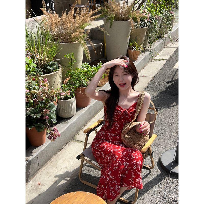 Kumikumi French Style Retro Red Floral Print Dress Women Summer Holiday Style Bow Lace-up Beach Long Dress