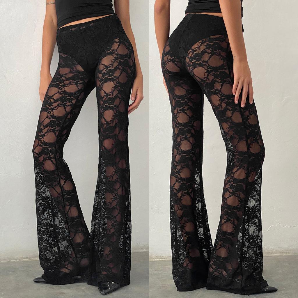 Women 's Gothic Flare Pants Sheer Lace Leggings High Waist Bell-Bottoms Trousers Streetwear
