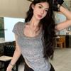 American Front Shoulder U-neck Slim and Thin T-shirt Versatile Pure Desire Style Niche Ins Fashion Hot Girl Sexy Top