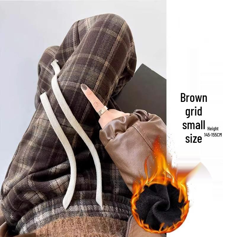 145 Women's Brown Vintage Plaid Wide-Leg Pants, High Waist, Fleece-Lined, Petite Size, Casual Autumn/Winter Style.