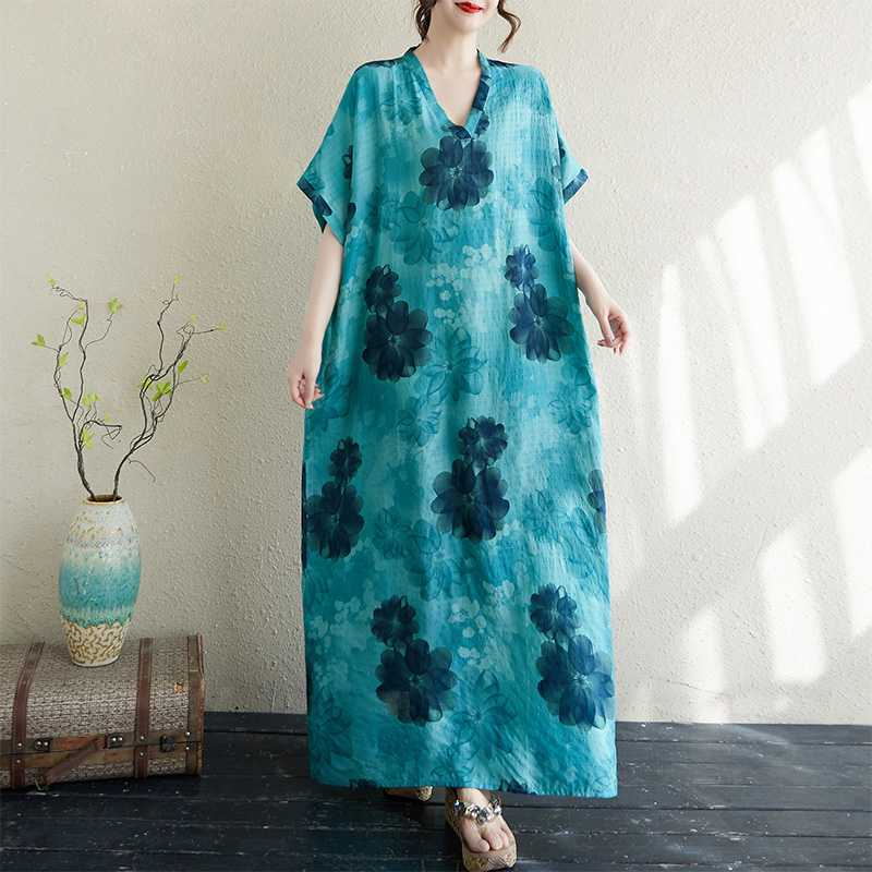 Women's Thin Cotton and Linen Loose Artistic Dress Retro Long Robe