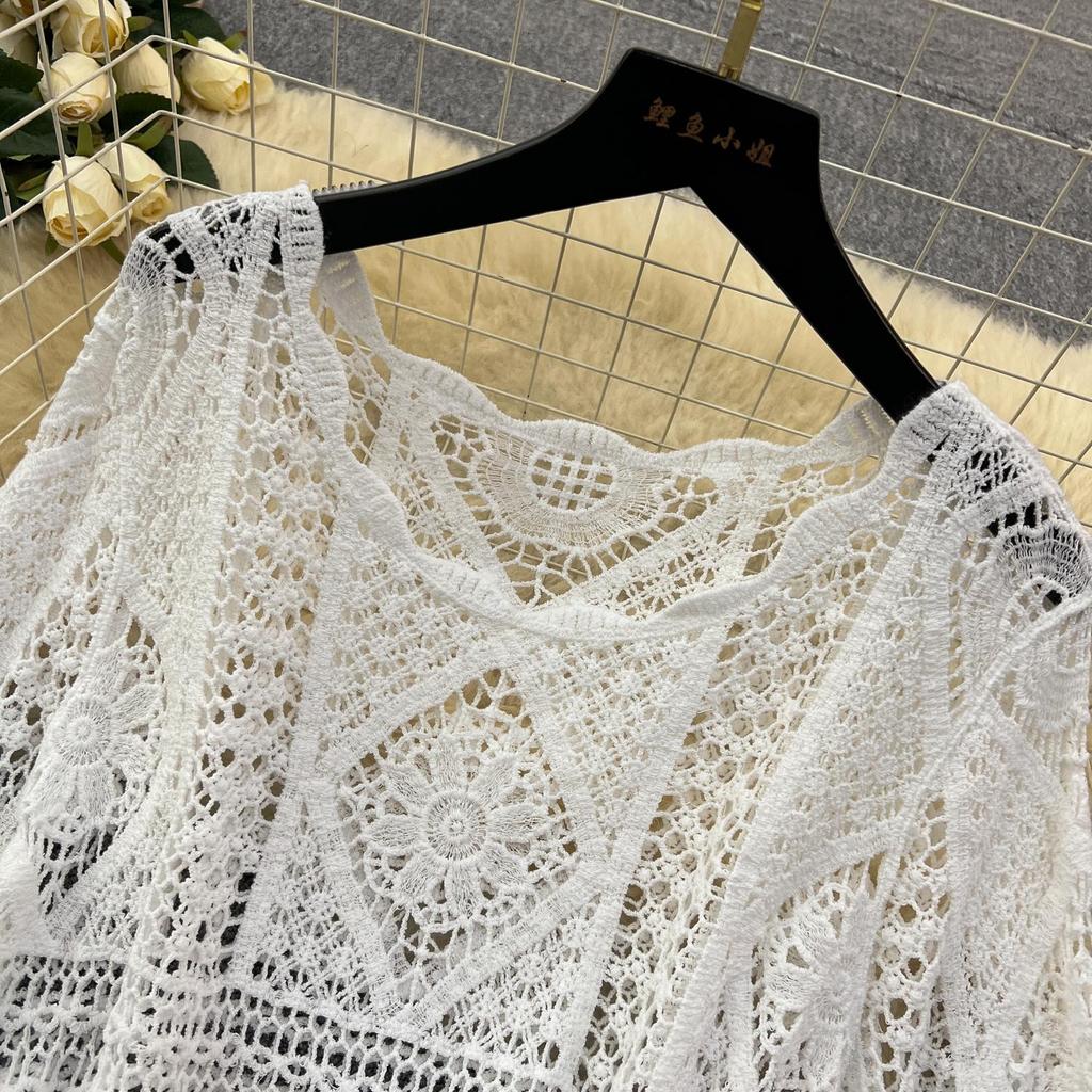 Nouveau 2026 Ensemble Jupe Femmes Tricot Plage Manches Courtes Dentelle Creux Sexy Col Rond Creux Style Été Hauts T-shirts Ample Basique