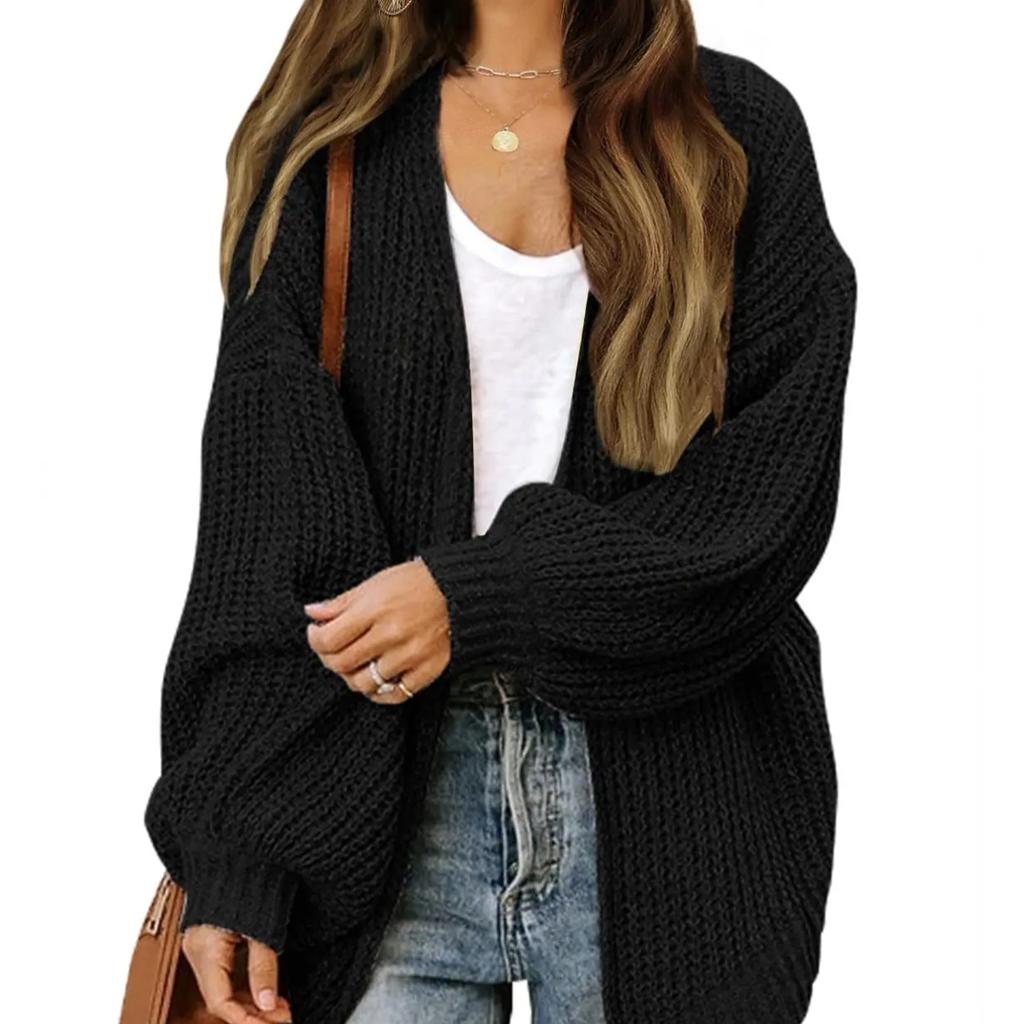 Casual Oversized Lantern Sleeve Knit Cardigan Coats for Women Autumn and Winter Soft Solid Pocket Knitted Sweater Women's Jacket
