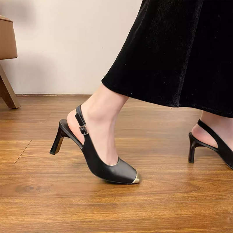 French Square Head High-heeled Sandals Women's Thick Heel Spring and Summer New Commuter Soft Leather Bag Head with Empty Shoes