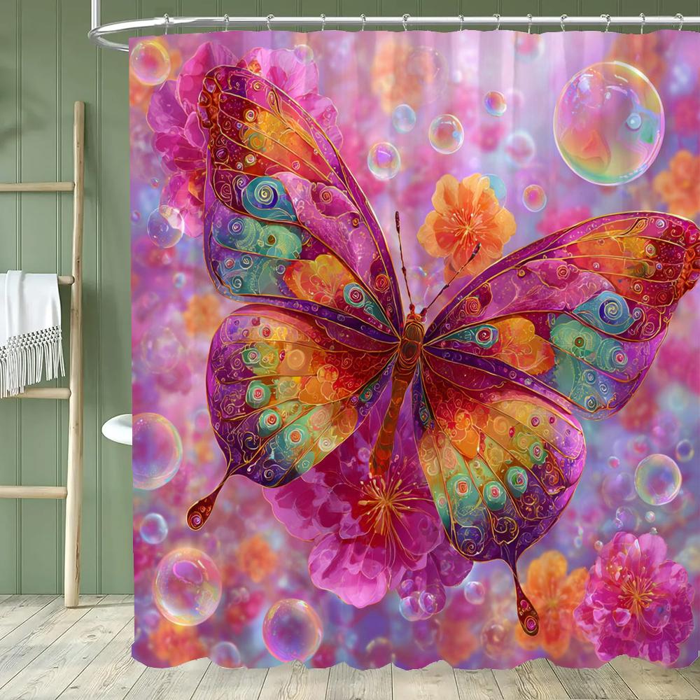Beautiful pink butterfly pattern Shower Curtain,flowers Shower Curtain,Printed polyester fabric Bathroom Decoration Curtain