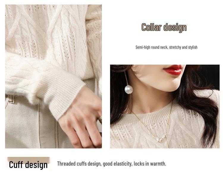 Women's Wool Cable Knit Loose Pullover - Round Neck, Seamless Diamond Design, Autumn/Winter Style.