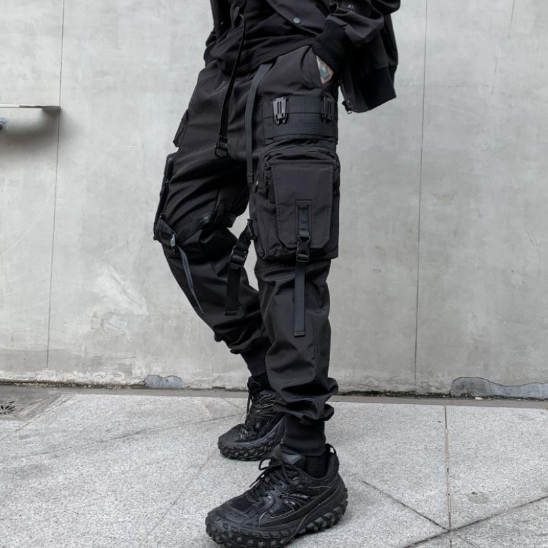 Multi Pockets Ribbons Bandage Wear Cargo Pants Mens Harajuku Punk Hip Hop Joggers Casual Streetwear