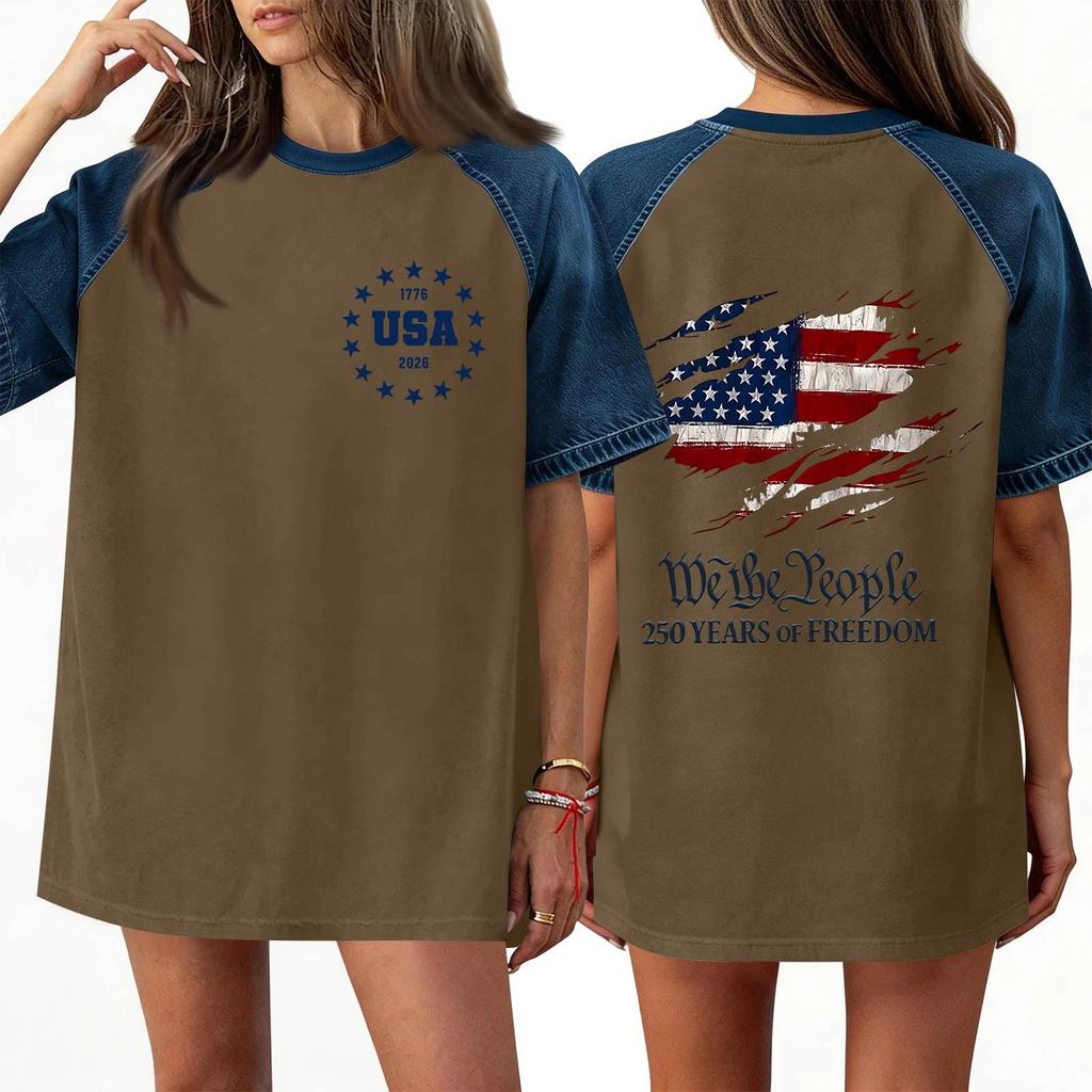 Denim Patchwork Shirts For Women Stand Collar Casual Blouse Short Sleeve Comfy Tshirt Spring Summer Fashion