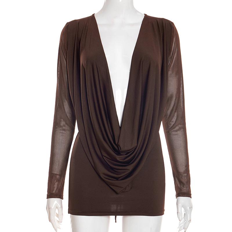 European & American Rope-tie Mesh Long Sleeve Backless Dress Large