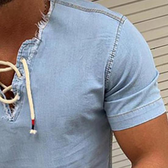 Pánské tričko s výstřihem do V a šněrováním, letní jednobarevný top s krátkým rukávem pro odvážné