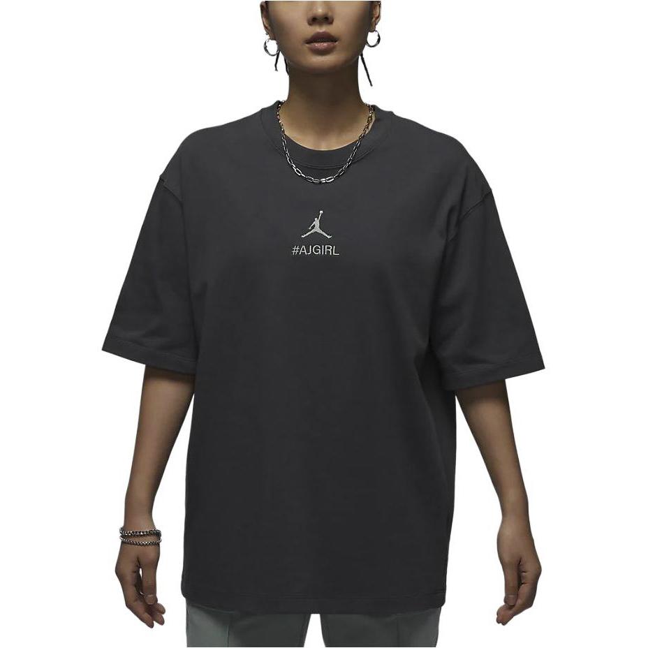 Jordan Flight Essential Letter Logo Print Round Neck Pullover Casual Loose Straight Short Sleeve Drop Shoulder T-Shirt Women Tops Black HJ3963-060