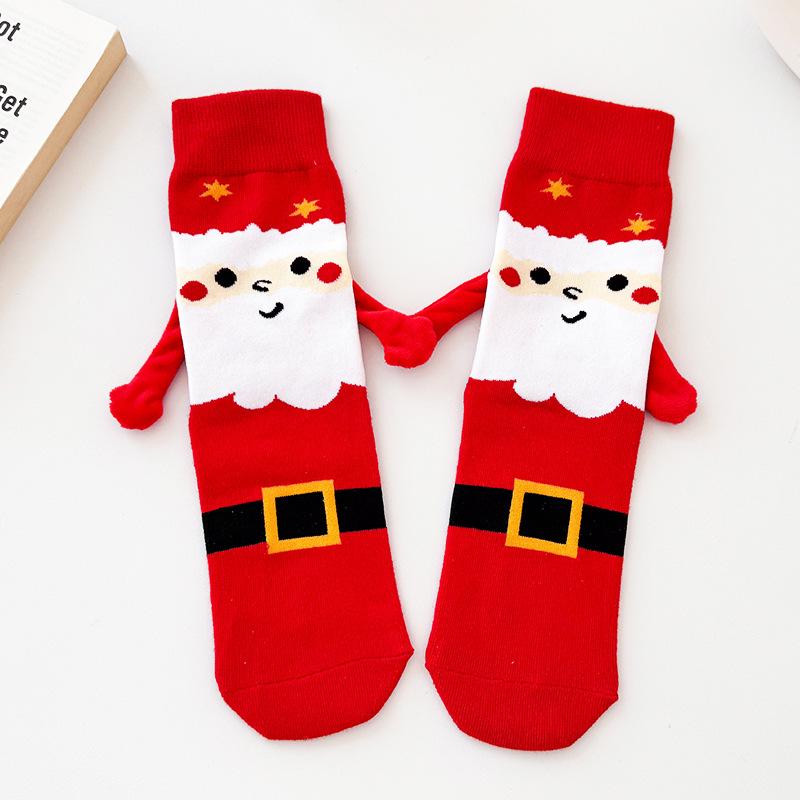 Creative Christmas Magnetic Couple Socks Funny Hand In Hand Design Stockings Red Cotton Mid-calf Unisex Japanese Style Cute Sock