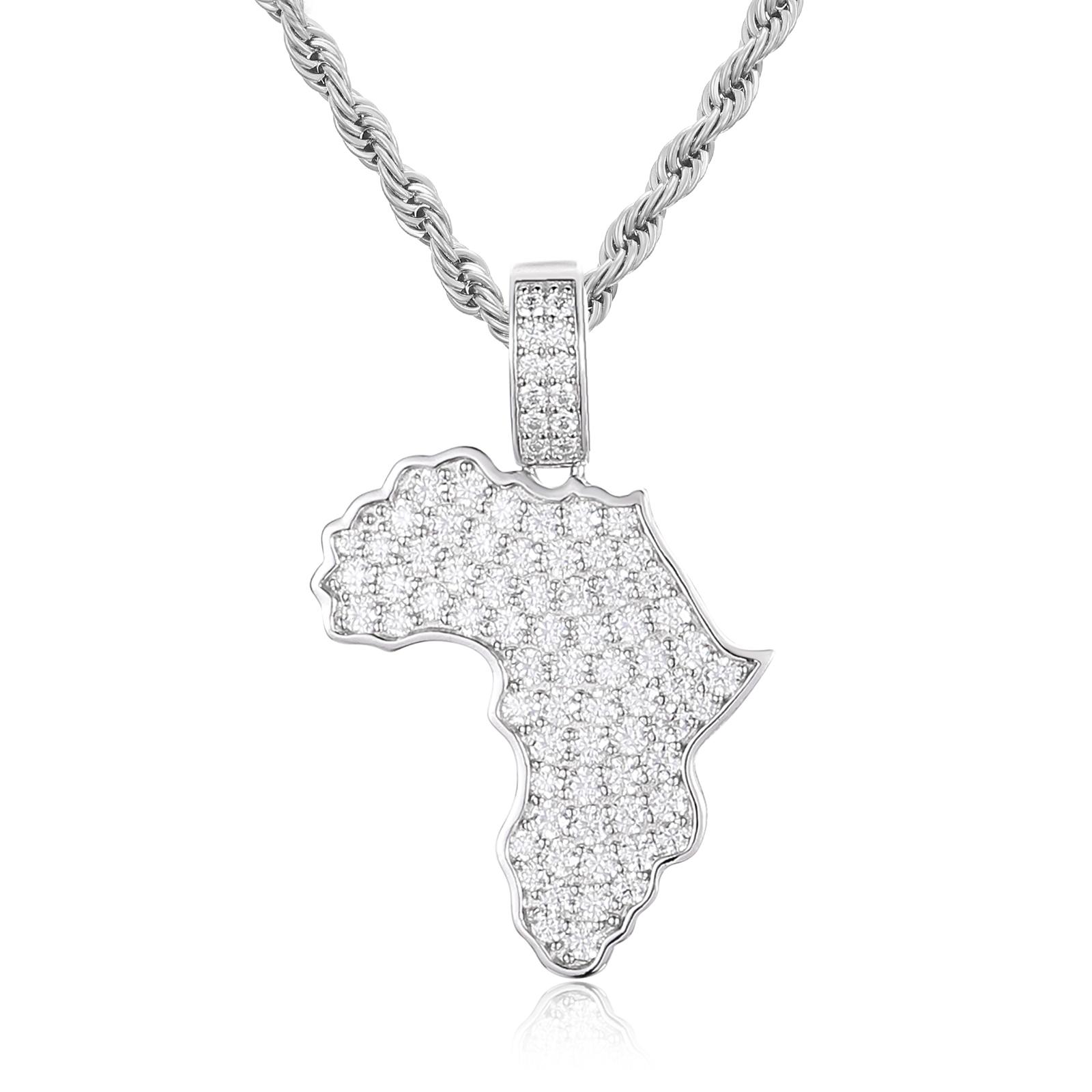 Africa Map Moissanite Iced Out Pendant Necklace 925 Sterling Silver Africa Map Pendant Men Women Fashion Jewelry