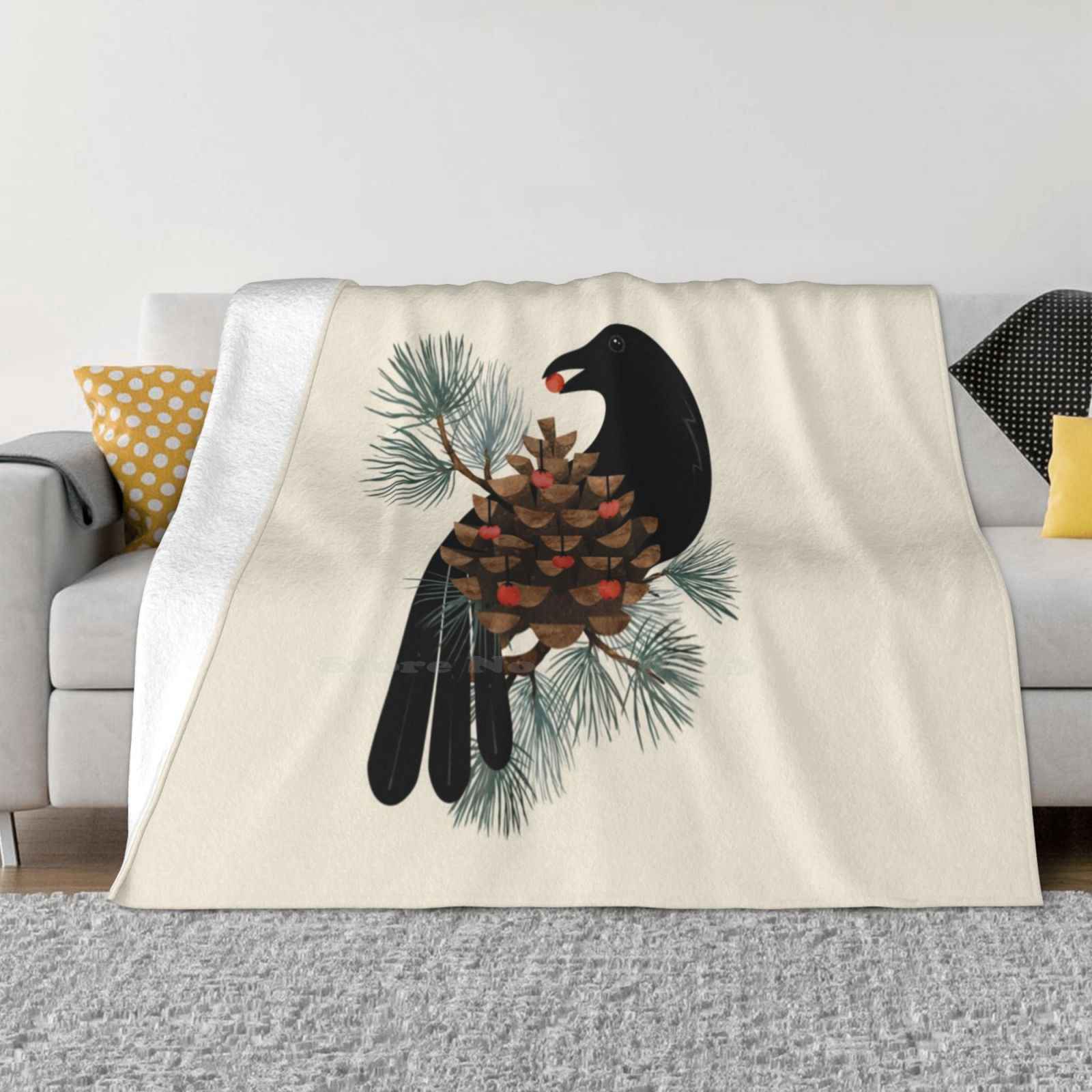 Bird & Berries Best Selling Room Household Flannel Blanket Crow Raven Blackbird Christmas Tree Holiday Greeting Xmas Watercolor 30x40in