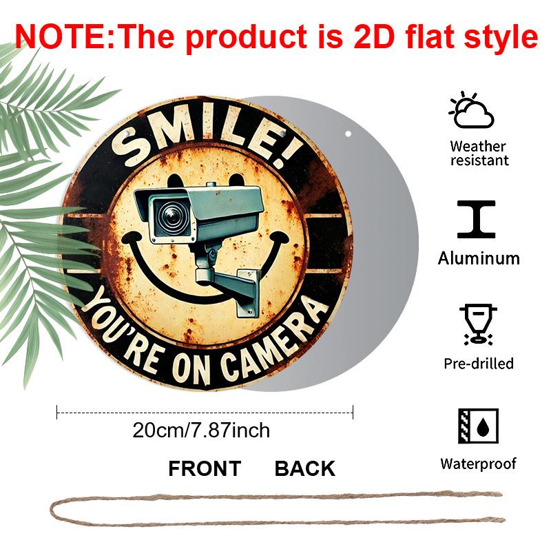 2D Flat, 1pc Round Aluminum Hanging Sign, "Smile You're On Camera" CCTV Security Camera & Smiley Face Design, Retro Distressed Warning Metal Sign