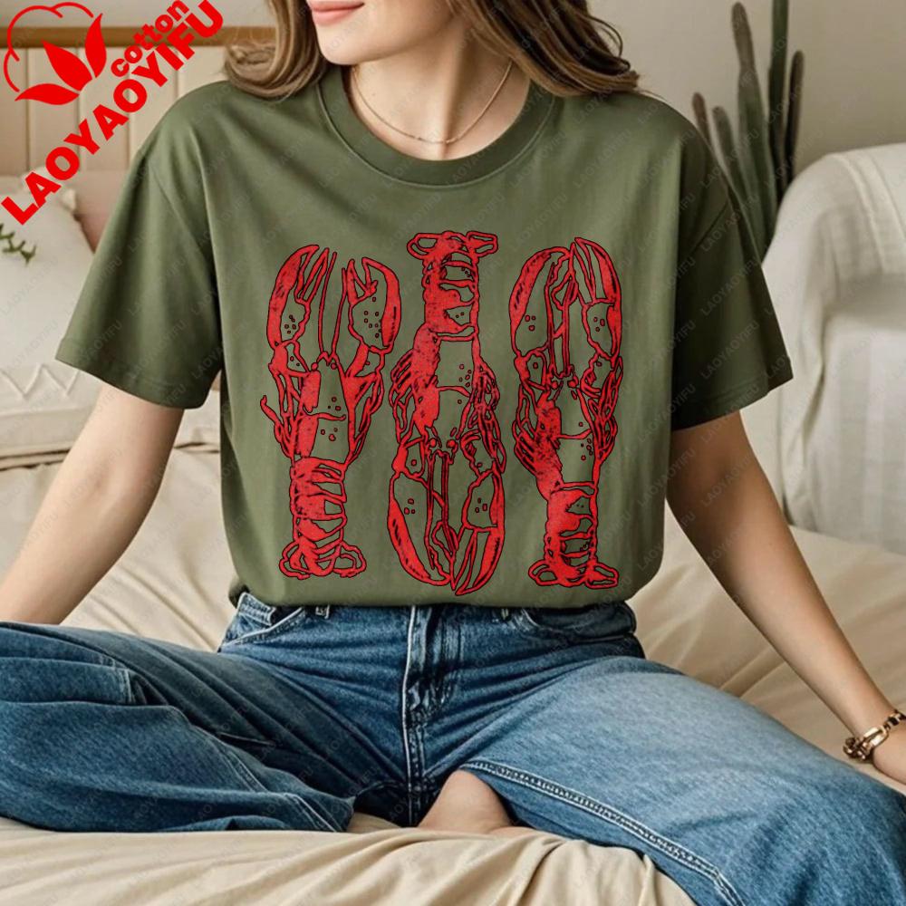 Vintage Lobster Print Tshirt Beach Vacation Clothing Lobster Lover Gift Shirt Unisex Daily Life Casual Cotton Short Sleeve
