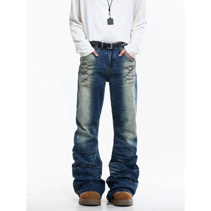 Mens Slim Fit Jeans Punk Style Distressed Printed Denim Pants Teens Casual Wear