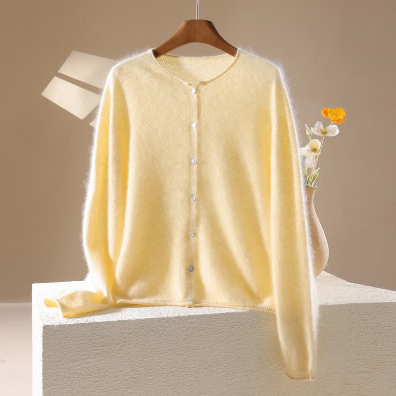 2026 Autumn/Winter Women's Long Sleeve Cashmere Wool Cardigan - Round Neck, Rolled Edge, Solid Color Flocked Sweater