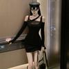 Hepburn Style Black Mesh Off-Shoulder Long-Sleeve Dress - Autumn/Spring Figure-Hugging Short Skirt