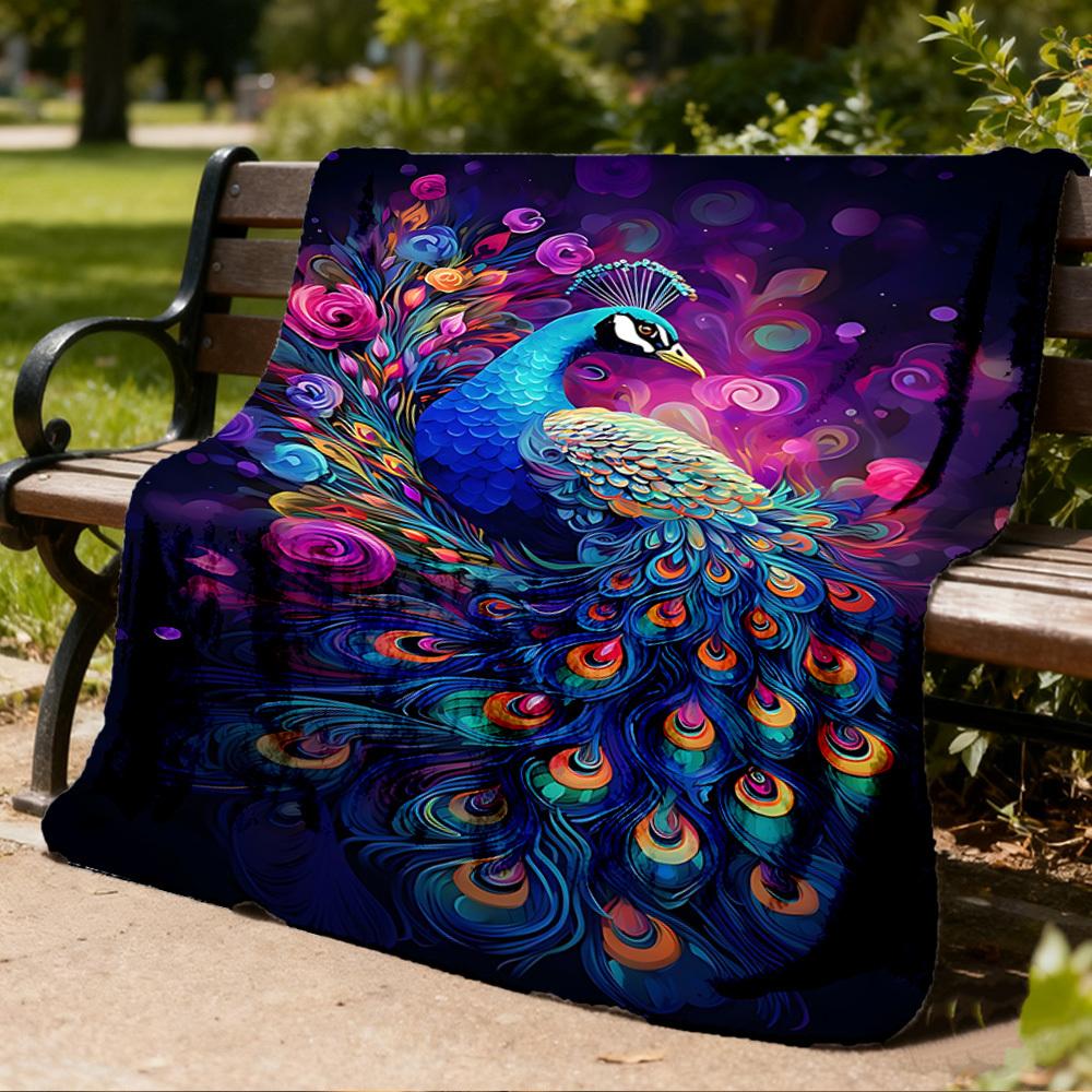 1pc Peacock Feather Artwork Throw Blanket Polyester Fiber, Lightweight Flannel, Soft & Warm, All Season Use for Outdoor, Camping Digital Print