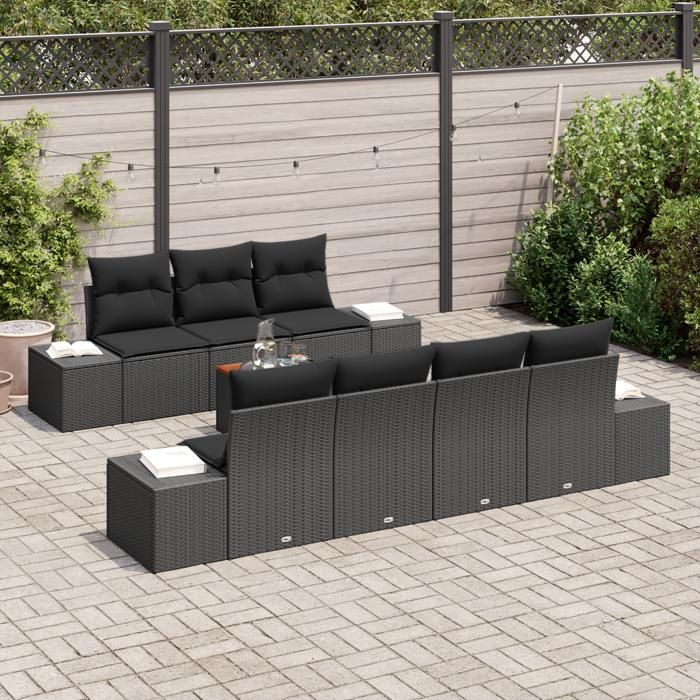 VidaXL Set de Canapé de Jardin 8 Pièces avec Coussins Noir Poly Rotin Acacia 3356588