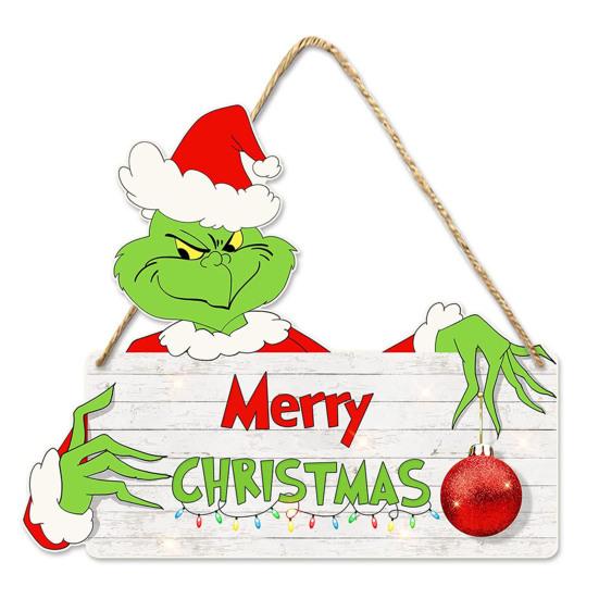 Christmas Green Elf Door Sign Merry Christmas Wooden Door Hanger Front Door Wall Hanging Welcome Plaque Decoration Holiday Pendant