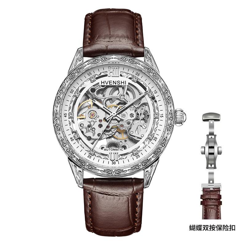 Beliebte gravierte Leder leuchtende mechanische Herren-Automatik-Mechanikuhr Business-Uhr Mode High-End-Uhr