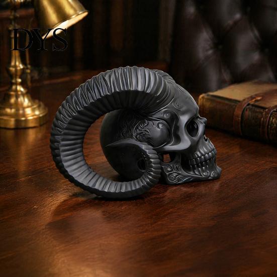 Modern Gothic Atmosphere Pieces 3D Printed Goat Horn Skull Ornament, Ram Horned Devil Trendy Bookshelf Statues Skull, Halloween Dark Desktop