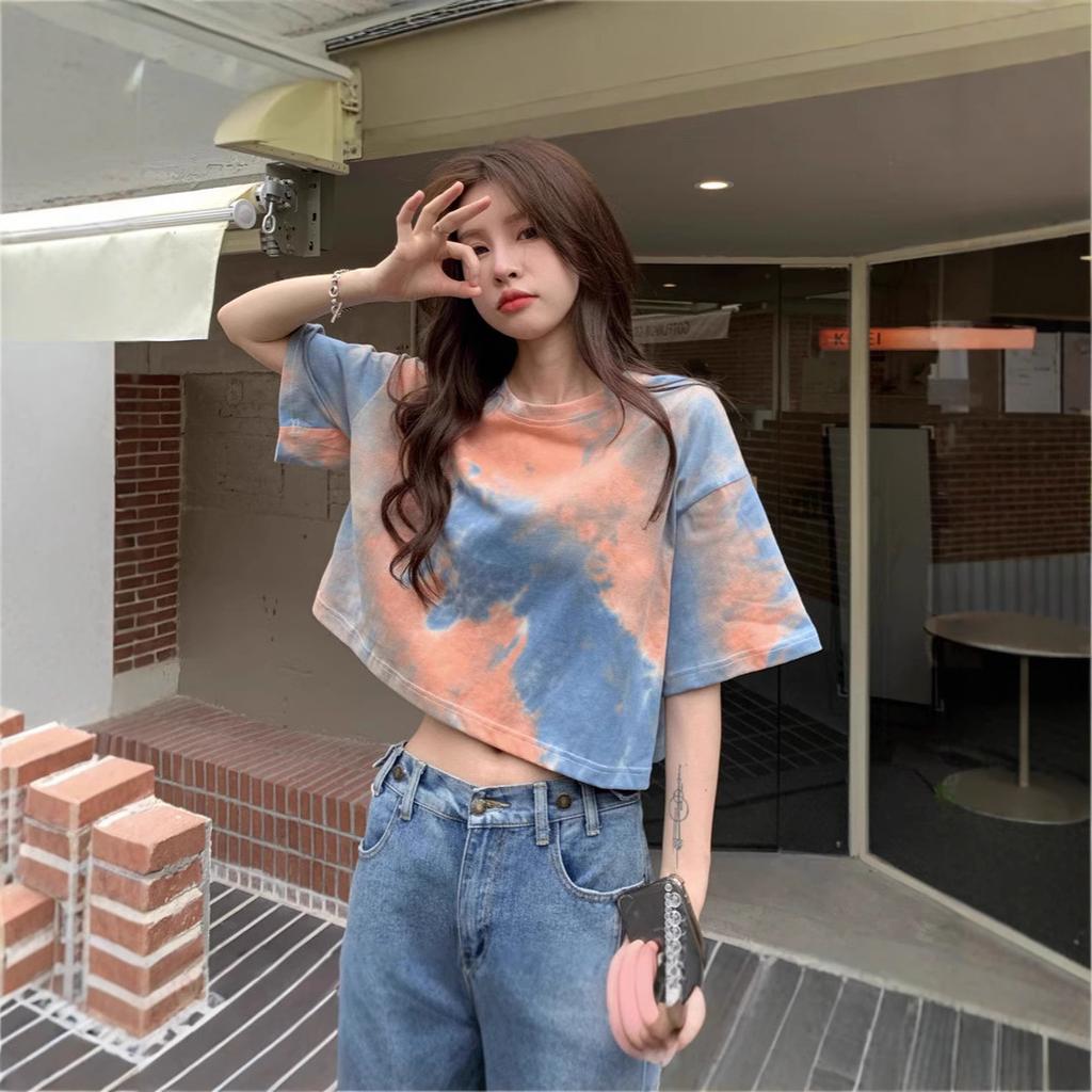 Korean tie-dye round neck short-sleeved T-shirt women's summer new loose casual fashion niche short top tide
