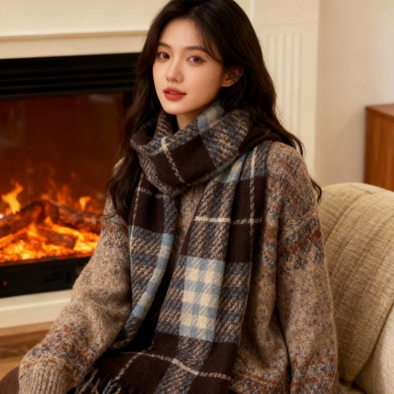 Scarf women's autumn and winter high-end plaid shawl new warm Korean version atmosphere student scarf versatile