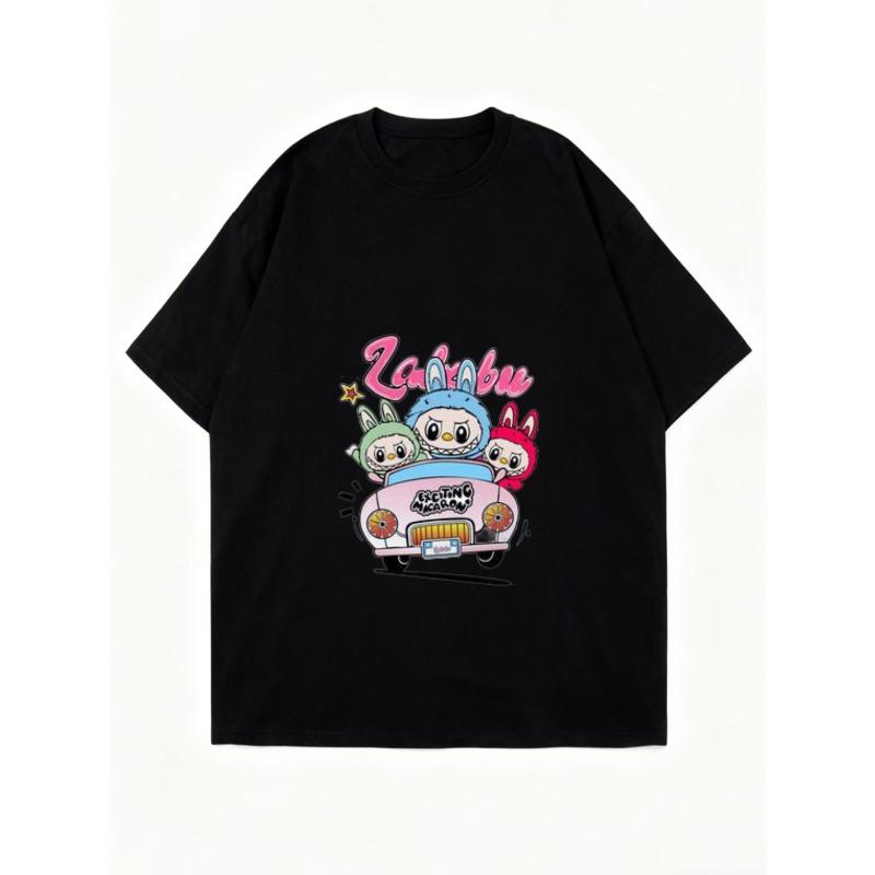 Women's Short-Sleeve T-Shirt with Colorful Cartoon "Zakubu" Bunny Characters & Pink Car Print