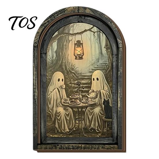 Solid Wood Picture Frame Halloween Vintage Arch Wooden Sign, Gothic Spooky Ghost Wall Hanging Decor Dark Academia with Bracket, Rustic Aesthetic Home