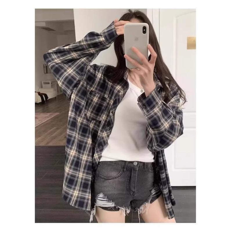 Camicia Casual da Donna a Quadri Americano Vintage Larga a Maniche Lunghe