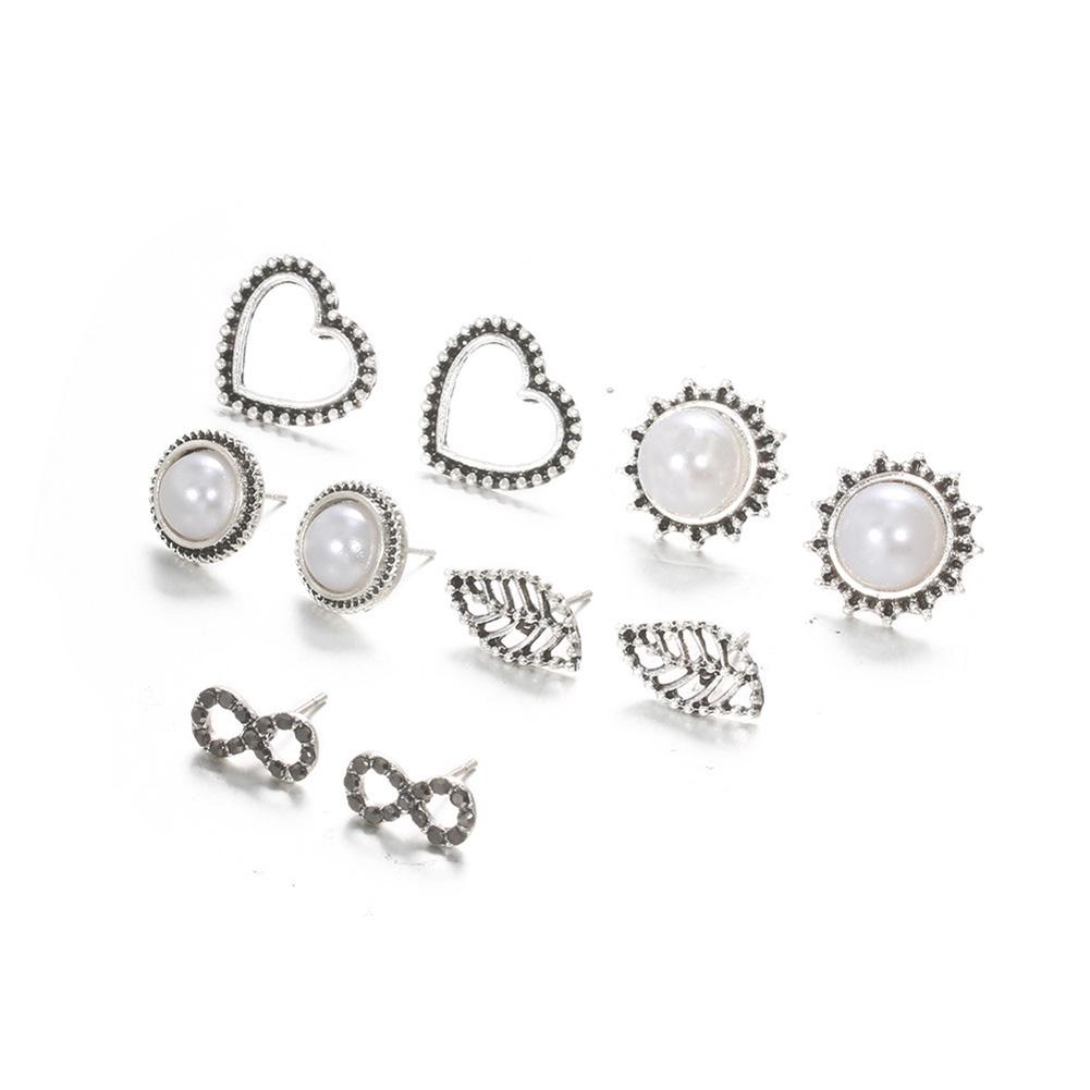 5 pairs Vintage Ear Studs Alloy Imitation Pearl Leaf Earrings Eardrop Gift for Women