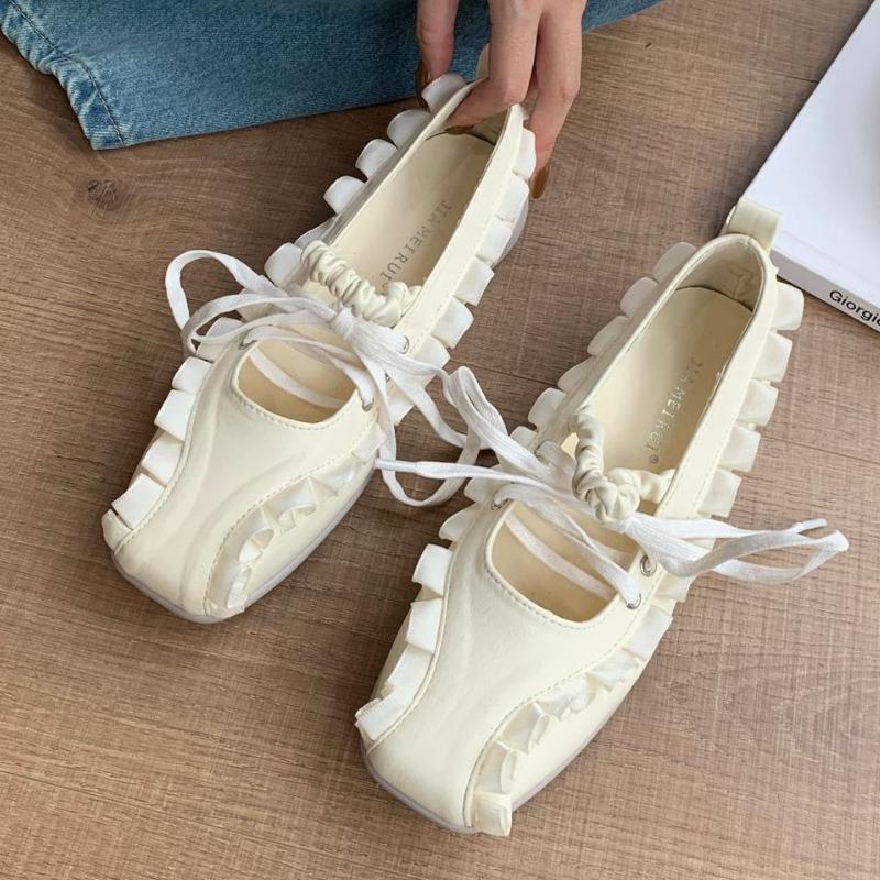 Fashion Elegant Cross Tied Pleated Low Heel Design Mary Jane Shoes Women High Quality Soft Leather Square Toe Flats Cozy Shallow Loafers