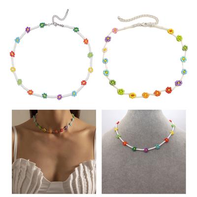 Resin Beaded Choker Necklace Summer Sweet Beaded Necklace Flower Charm Choker Hand-making Neck Jewelry Resin Material