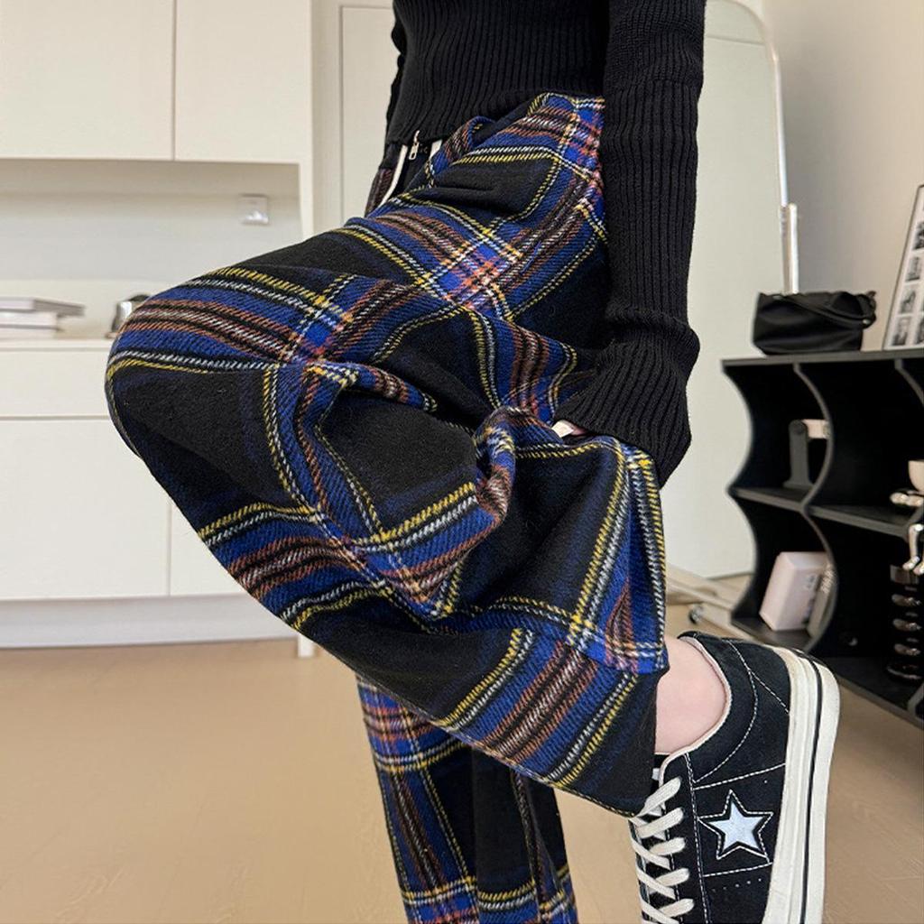 Women's High-End Retro Plaid Velvet Pants: Loose, Slimming Straight-Leg, Casual Wide-Leg Long Pants