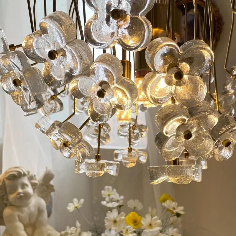 Nordic design luxury glass chandelier retro French countryside petal shaped restaurant bedroom home decoration lighting fixtures
