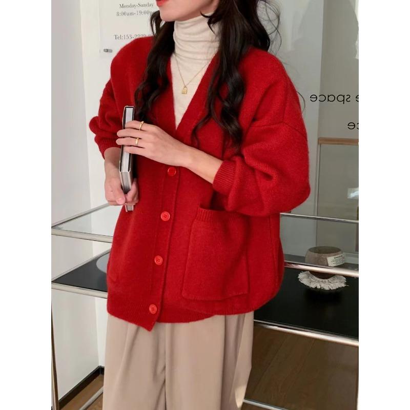 

Весенне-осенний новый вязаный кардиган в стиле ленивого ветра, средней длины, с плюсовым воротом, однотонный, мягкий, восковой, универсальный свитер, женская куртка One size красный