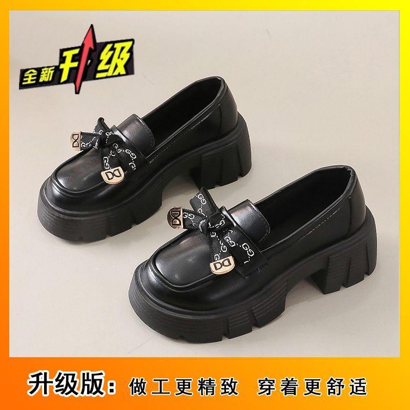 Black platform British style heightening small leather shoes summer and autumn new Japanese round head versatile lace-up retro