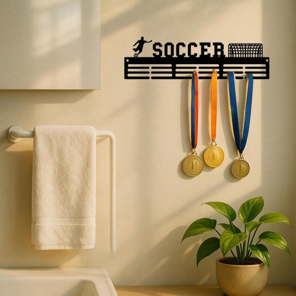 Black Iron Medal Hanger Soccer Fan Wall Art, Minimalist Home Decor, Rustproof Sports Award Display Rack With Hooks, Living Room Bedroom Gift